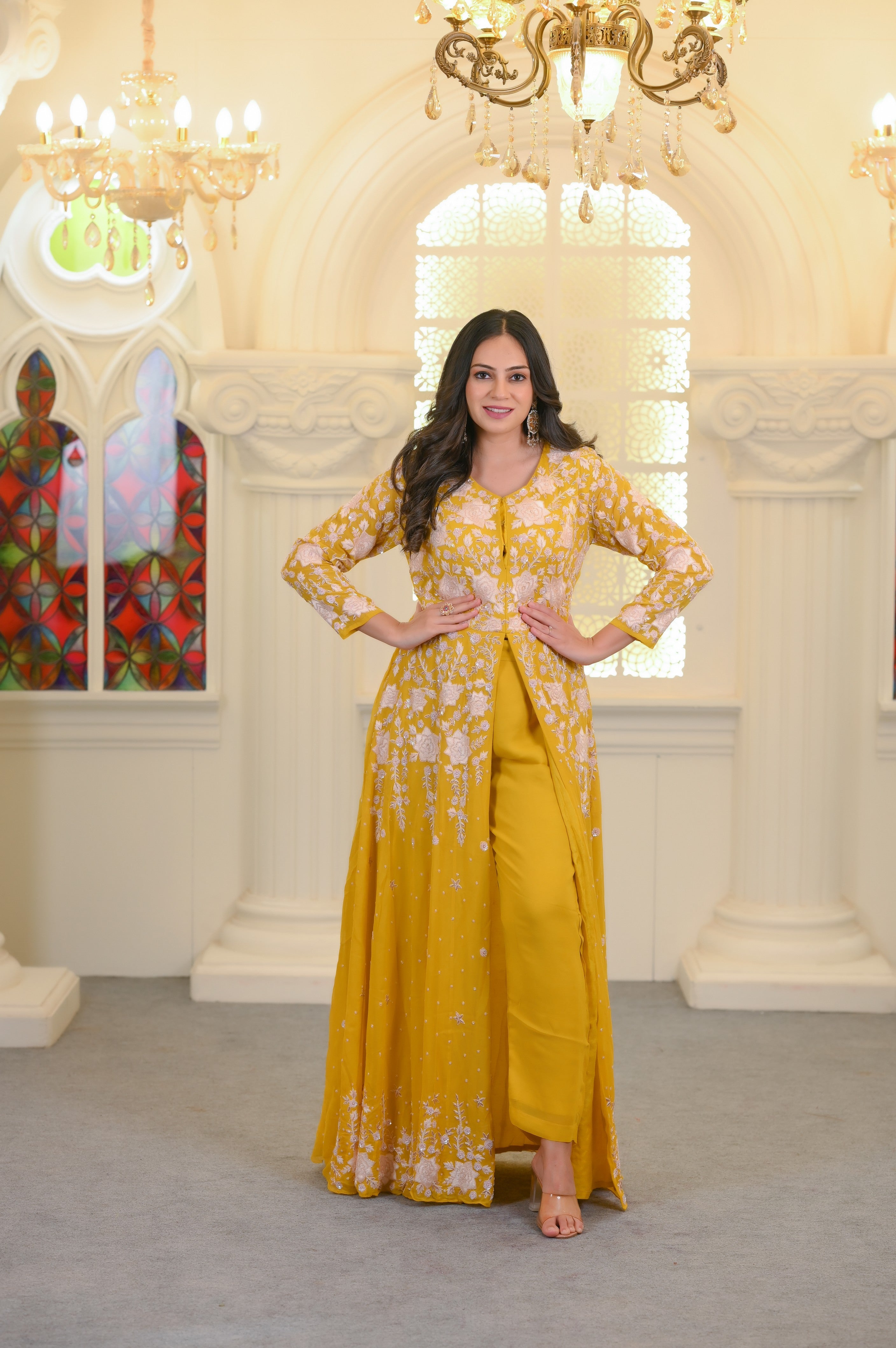 Yellow Embroidered Anarkali Pant Set