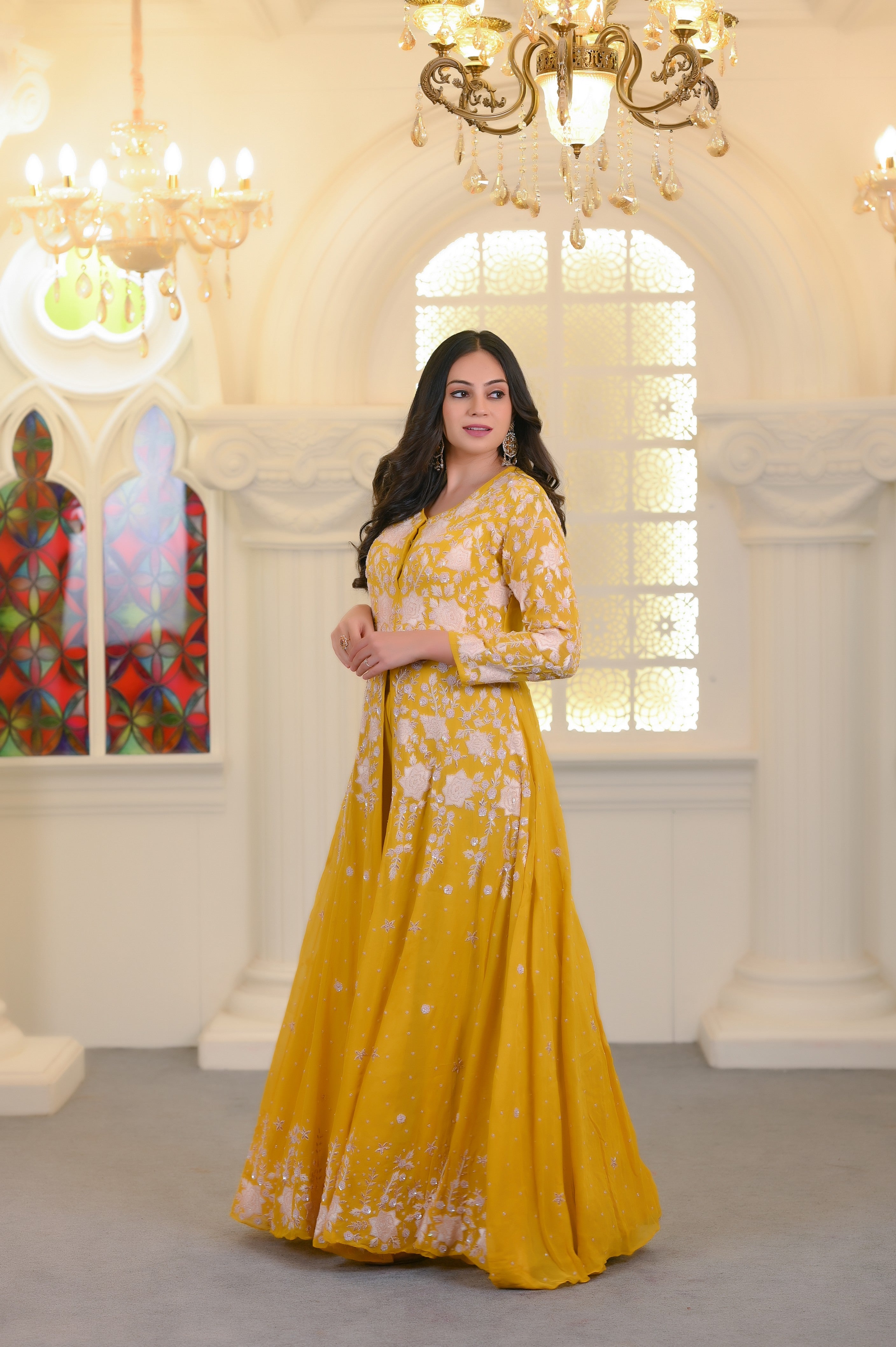 Yellow Embroidered Anarkali Pant Set