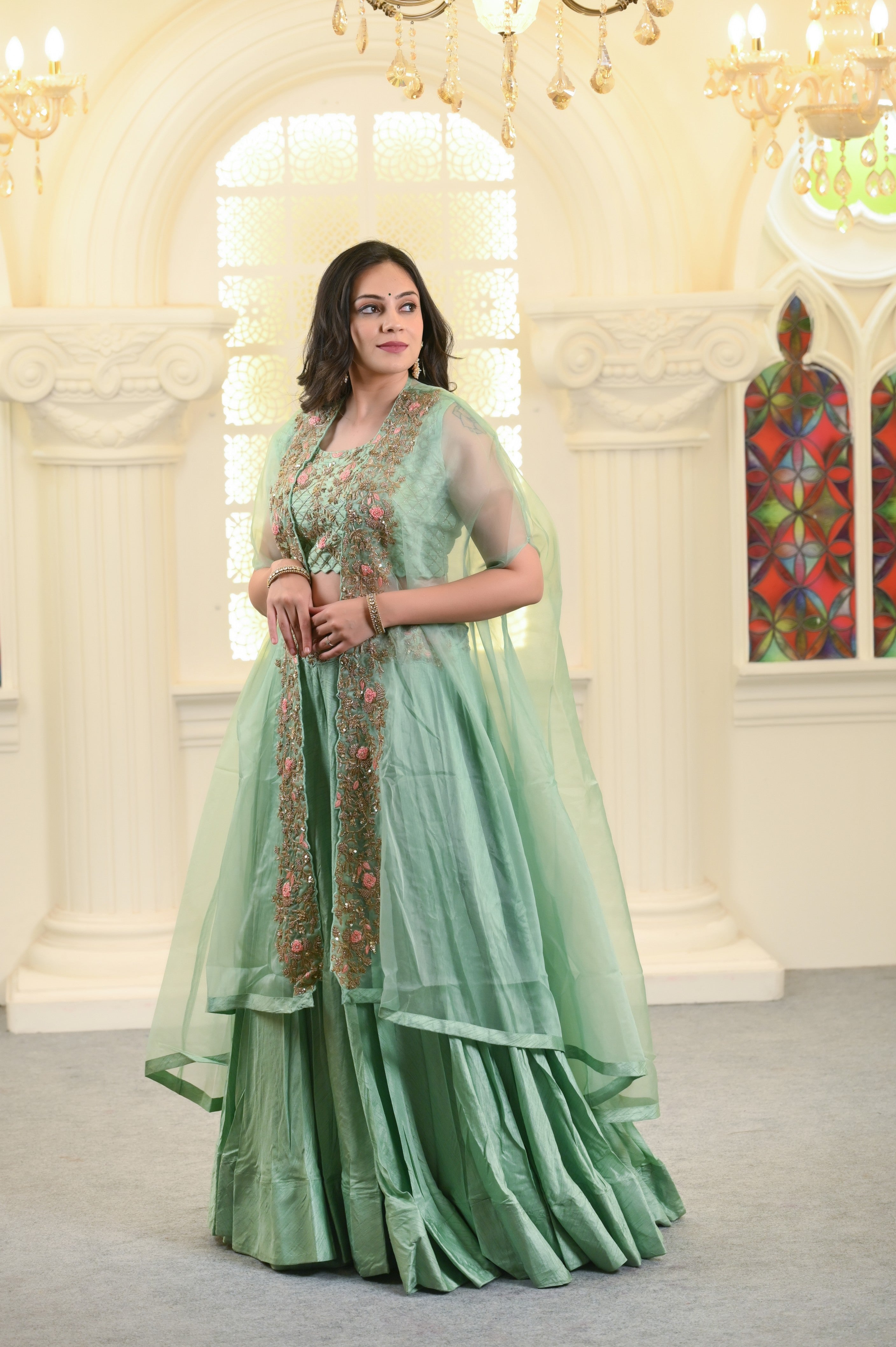Sea Green Silk and Organza Cape Lehenga Set