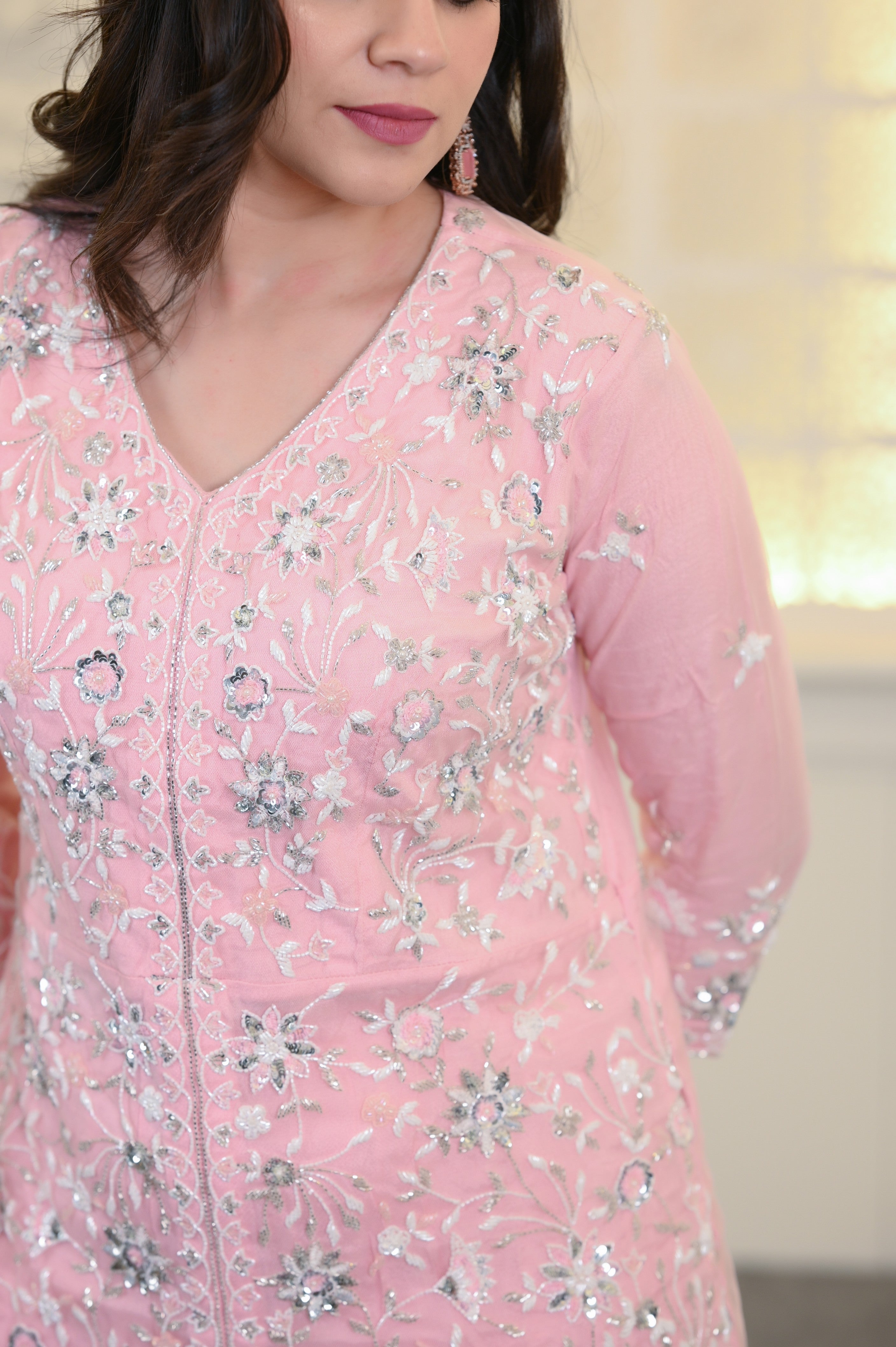 Light Pink Embroidered Peplum Sharara Set