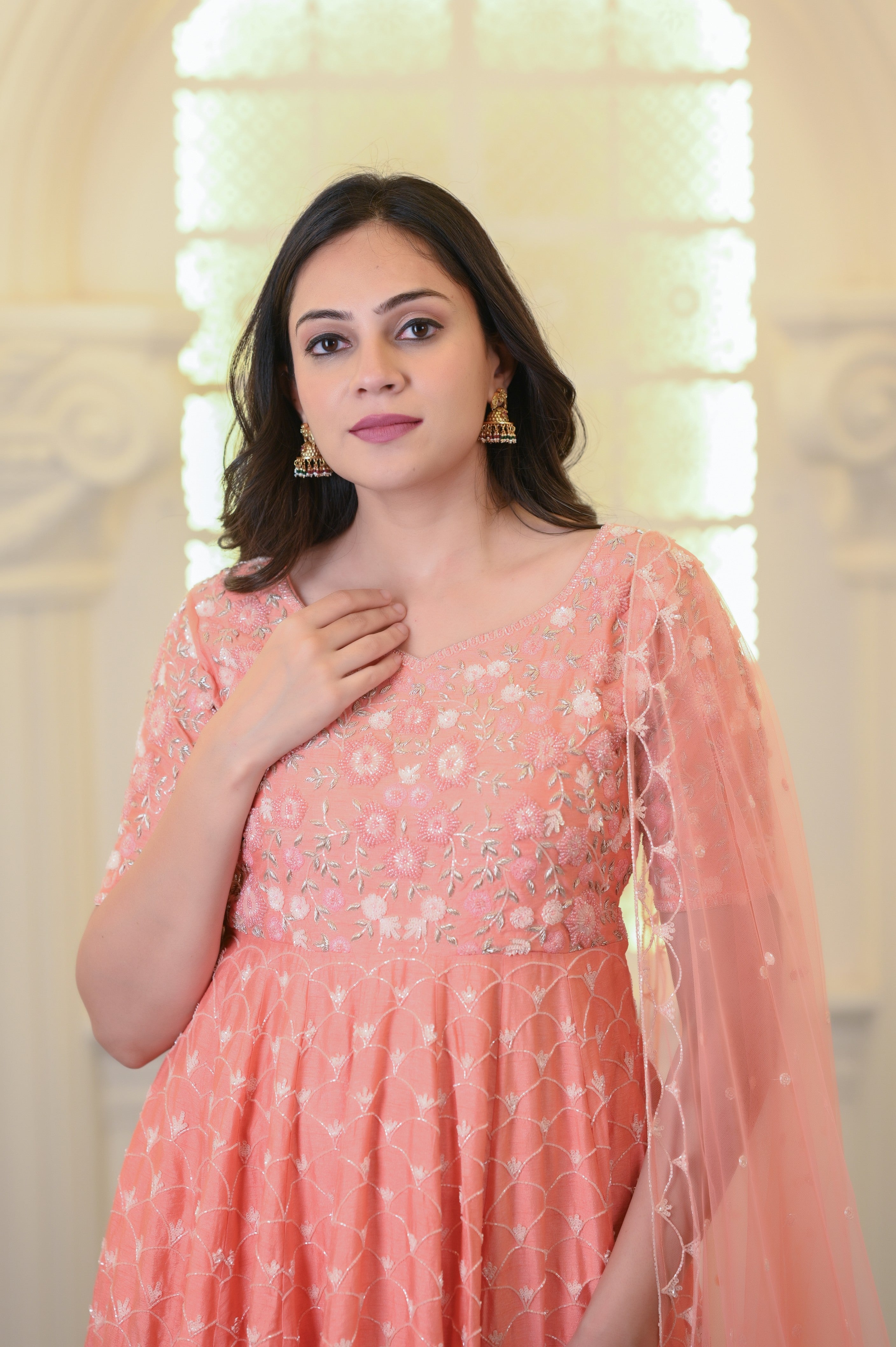 Peach, Embroidered, Silk Based, Peplum Sharara Set