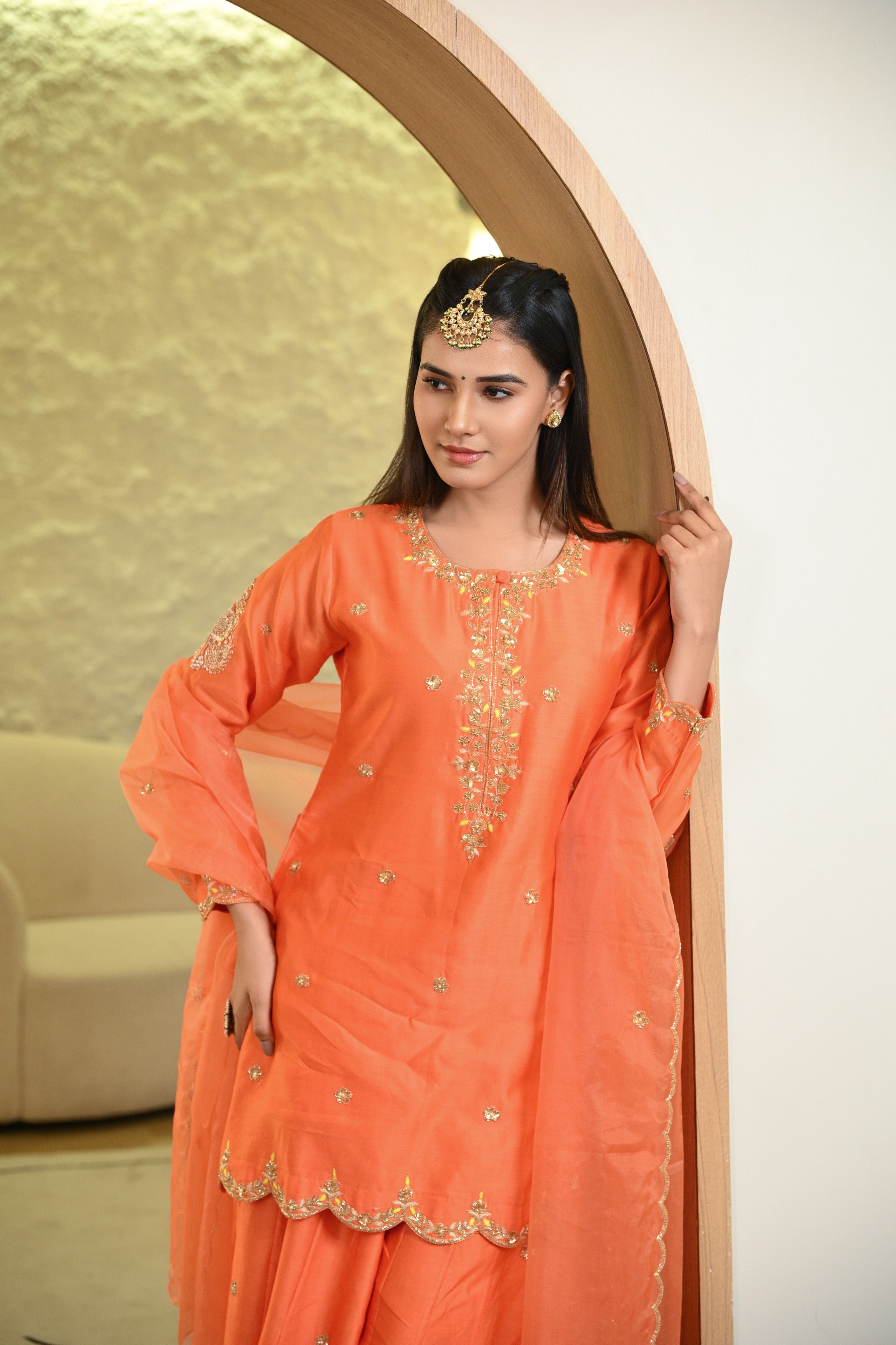 Orange Sharara Hand Embroidered Short Kurta W/Dupatta