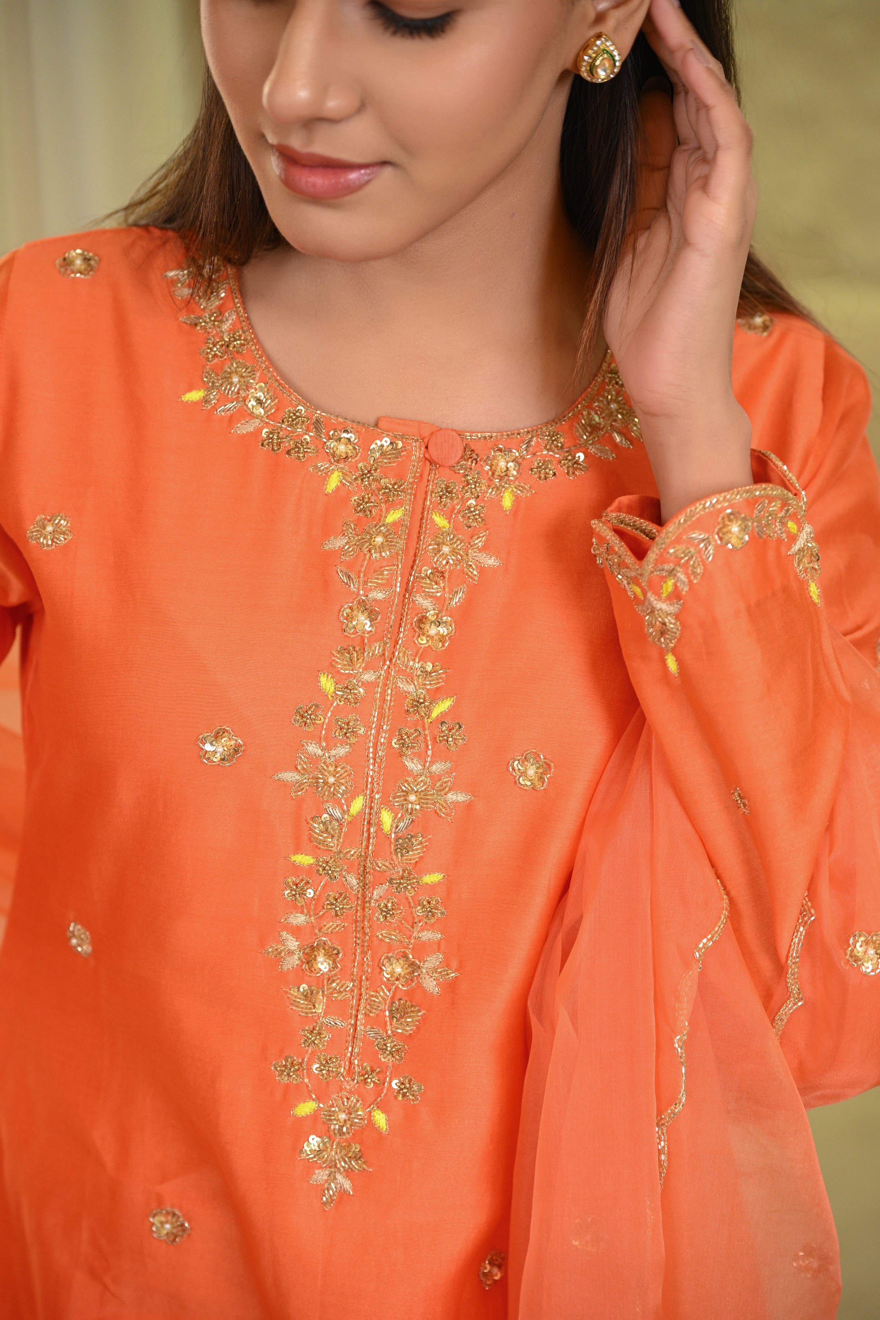 Orange Sharara Hand Embroidered Short Kurta W/Dupatta