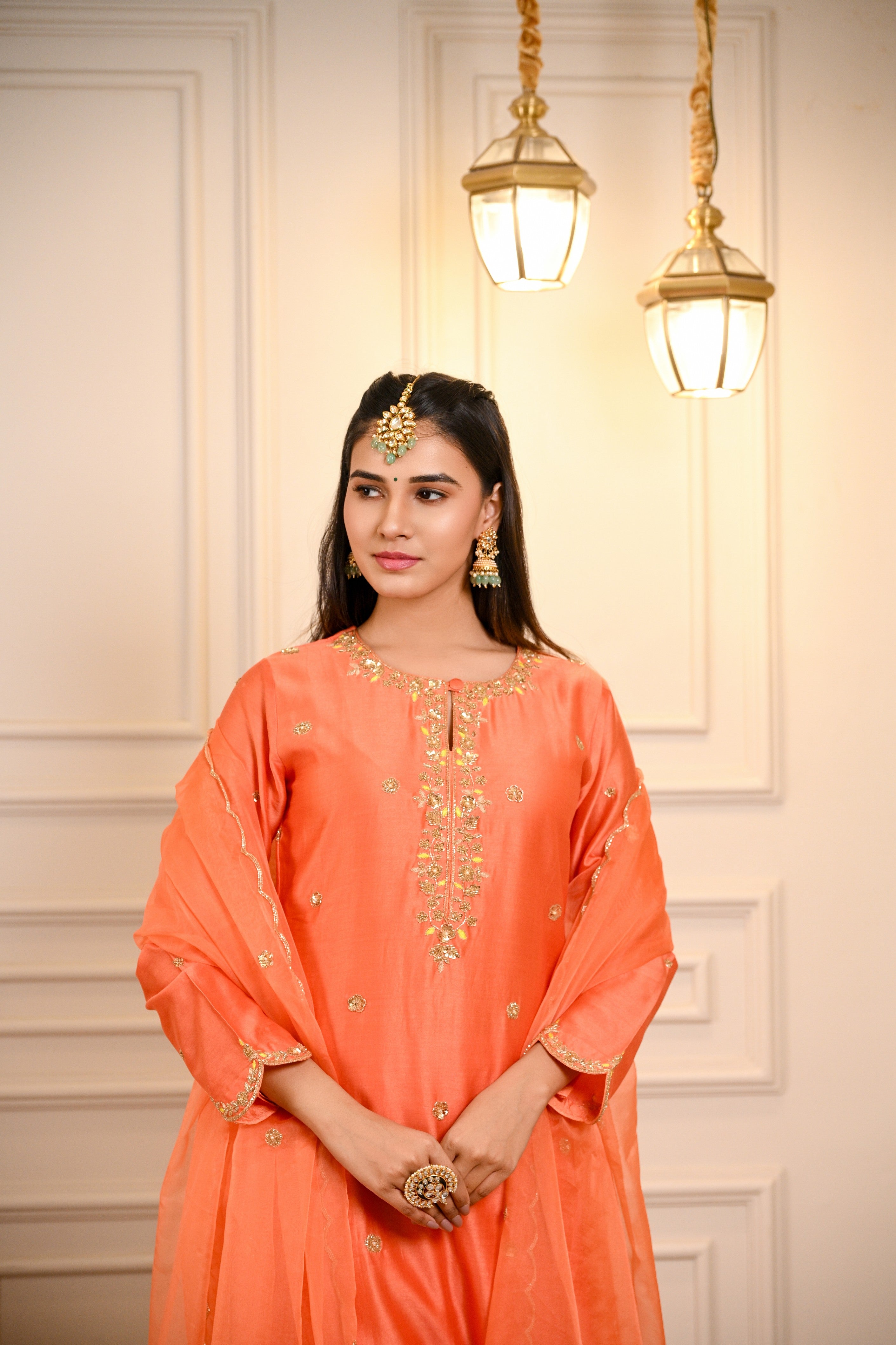 Orange Hand Embroidered A-Line Kurta W/Pant & Dupatta Set